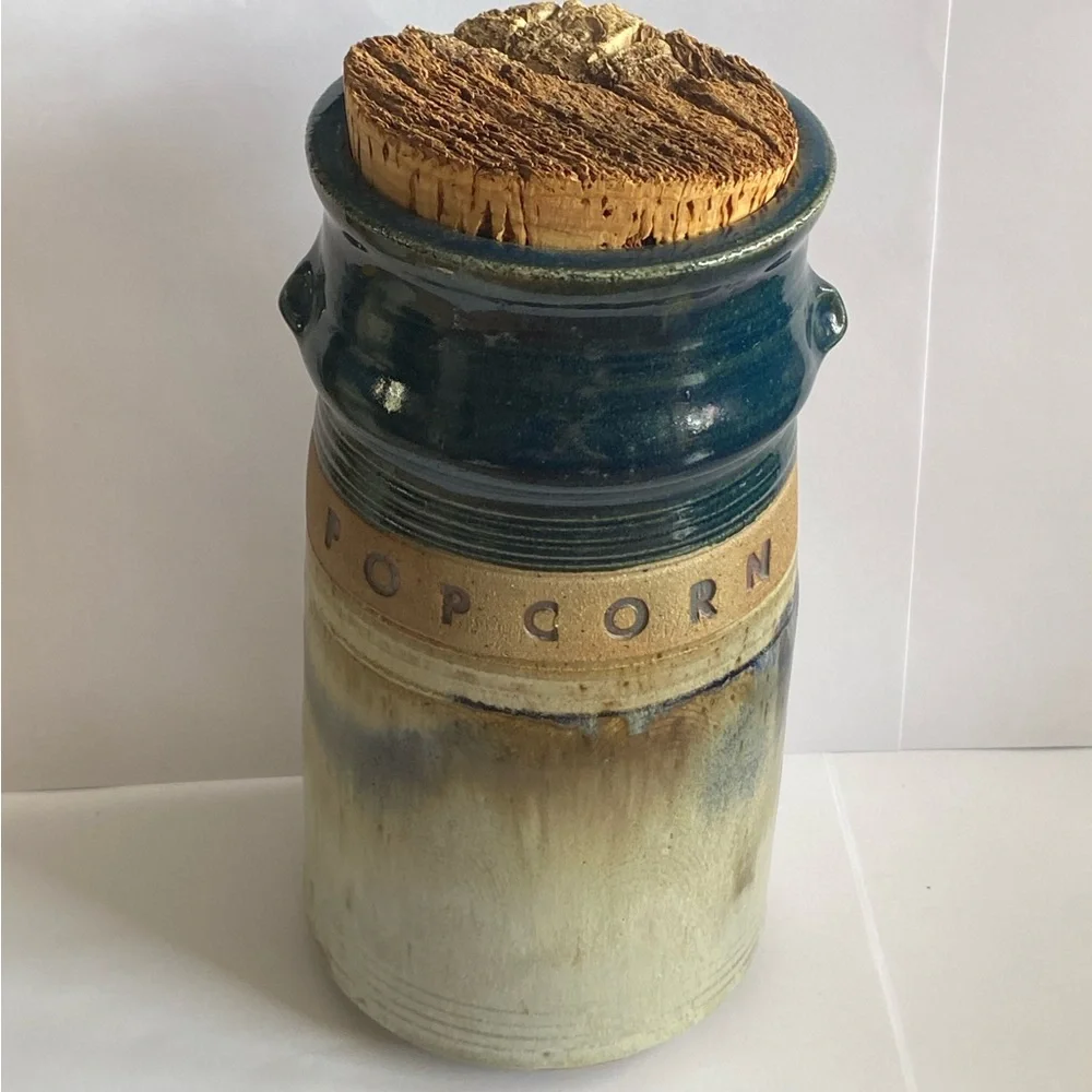 Hand Made 1989 Stoneware Pottery Container POPCORN Crock Signed Bob Huskins
